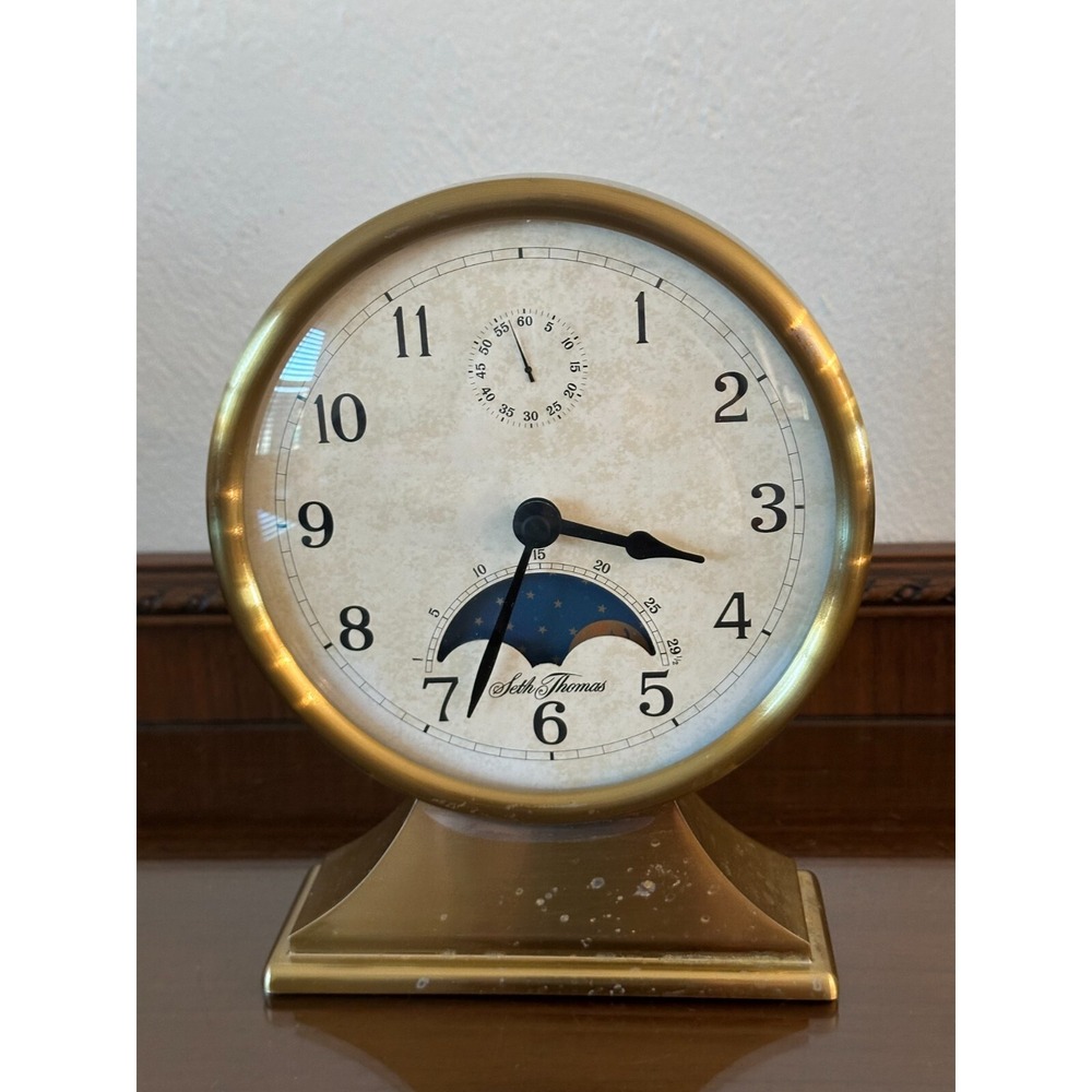 Seth Thomas Metal Case Day Time Night Sun Moon Mantel Desk Clock *READ*
